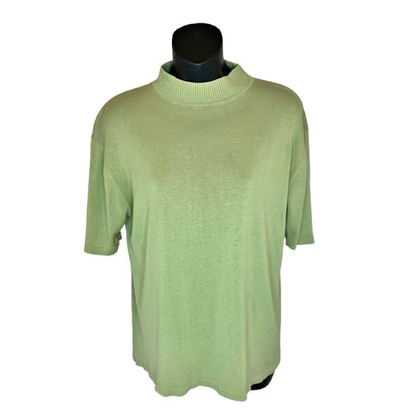 WinterSilks Silk Cotton Short Sleeved Sweater Green Size Large Mock Neck Spring - Picture 1 of 4